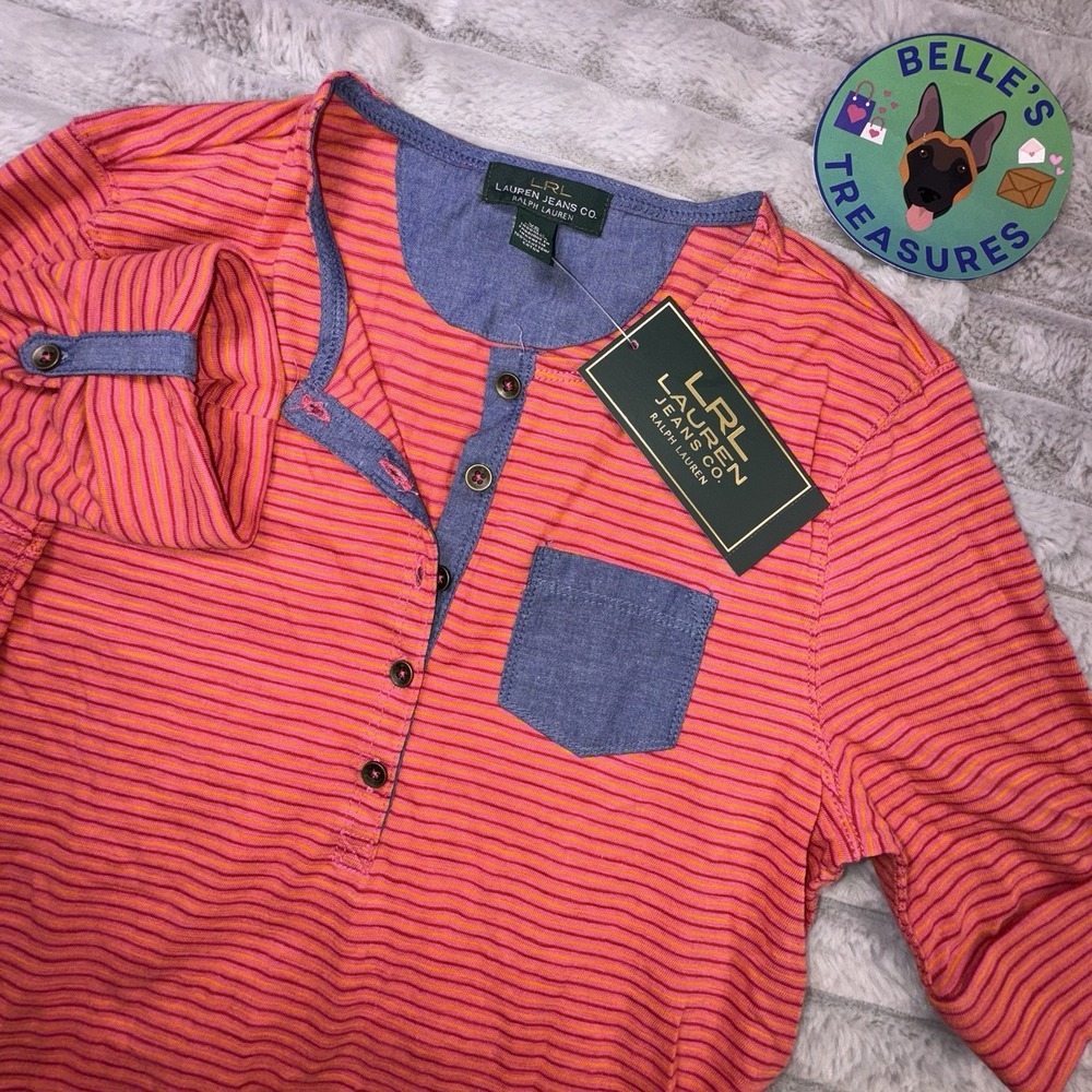 Lauren Ralph Lauren Shirt Women's XS Pink Orange Striped Henley Short Sleeve